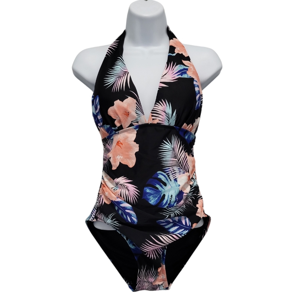 DKNY Womens M One‎ Piece Tummy Control Halter Neckline Swimsuit UPF P…